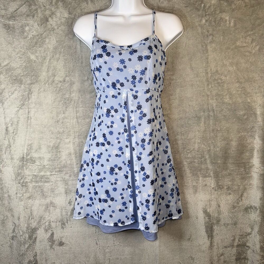 Vtg Y2K 575 Blue Floral Slip Dress Mesh Overlay Made in USA Sz 7 Fairy Coquette